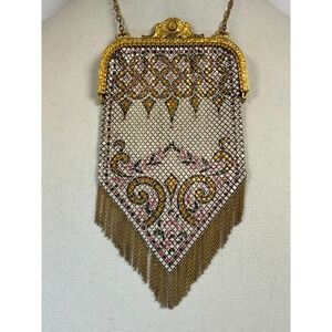 Vintage Ornate Mesh Mandalian Flapper Evening Bag With Fringe Gold Tone